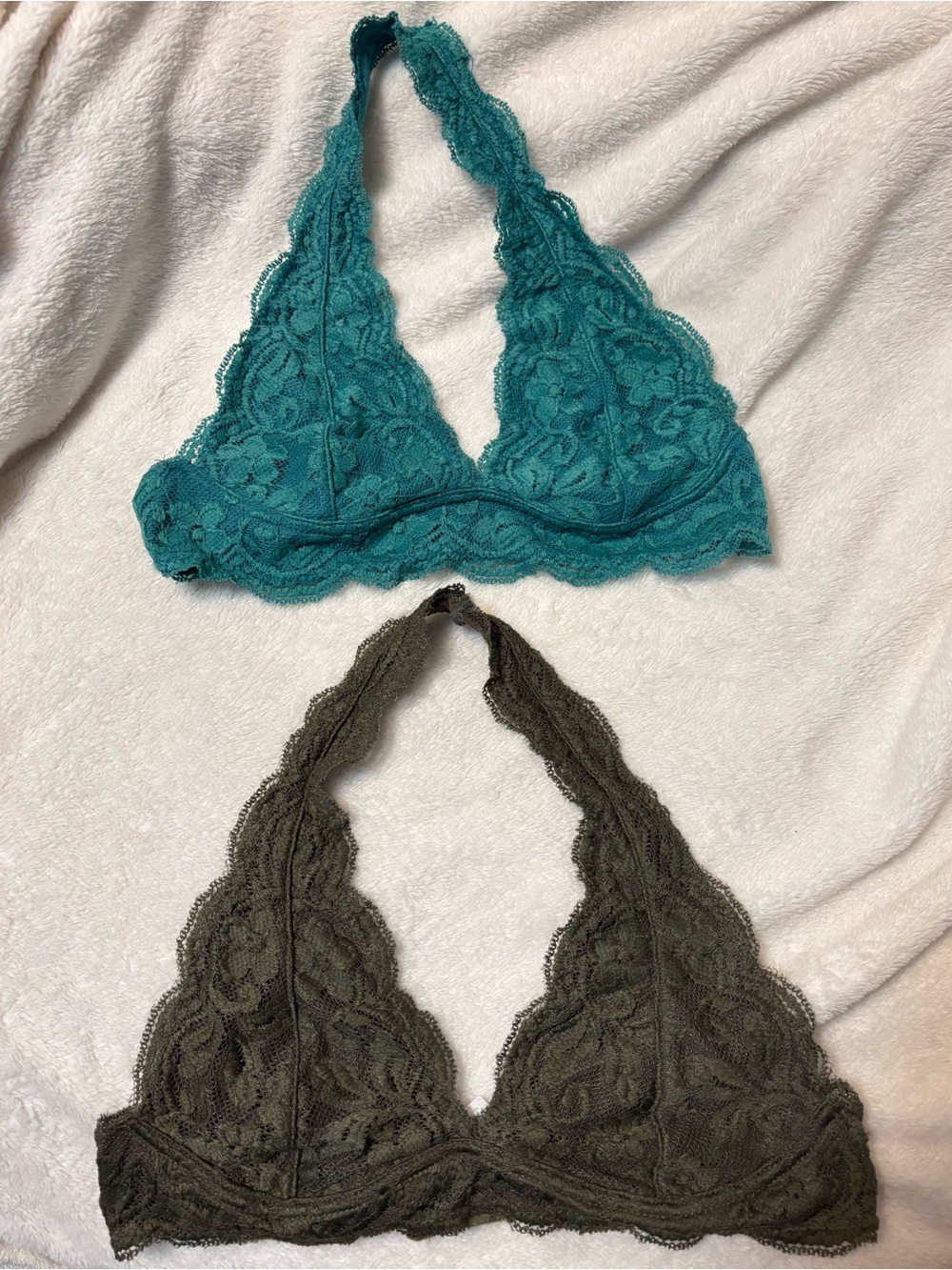 Anemone Teal and Olive Lace Halter Bralettes
